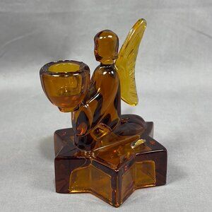 Vtg LE Smith Art Glass Amber Kneeling Angel On Star Candlestick Candle Holder